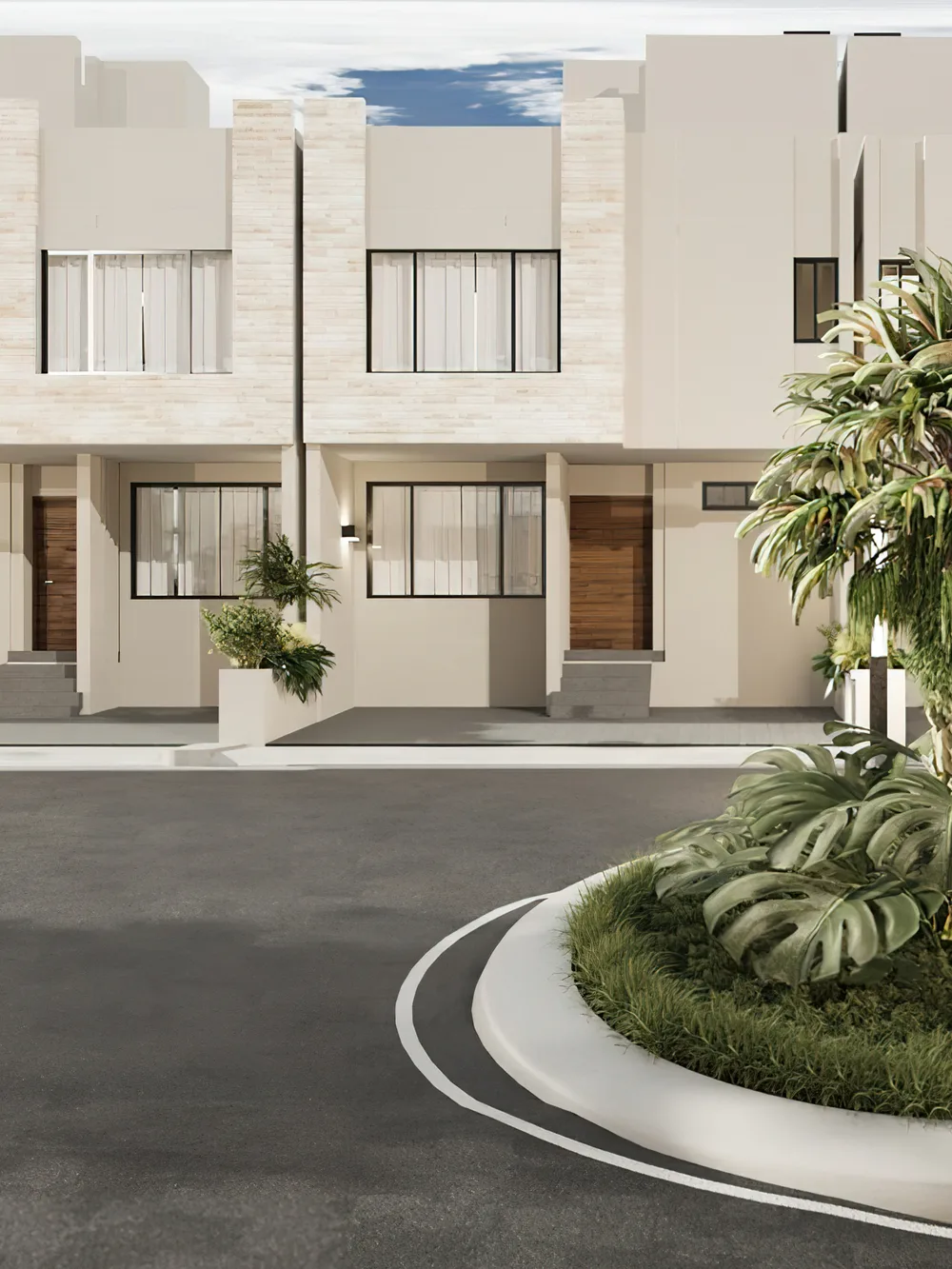 Two-story BELVIEW houses facing a landscaped roundabout.