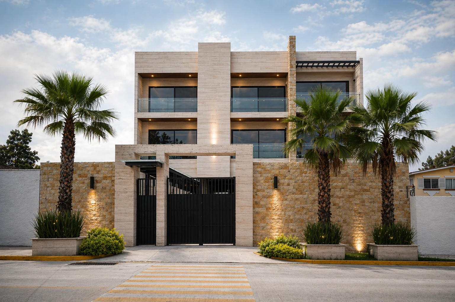 Águilas building at sunset: travertine and stone facade, palm trees and lights on.